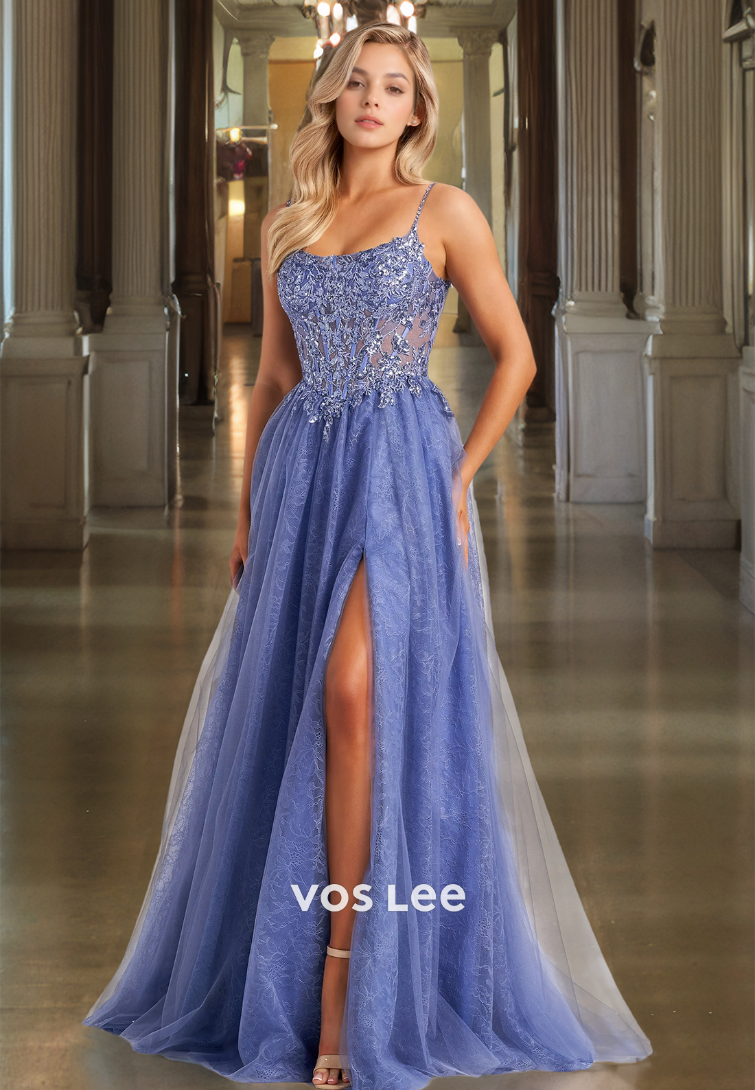 Charming A-Line Scoop Neck Lace Appliques Beaded Side Split Sequins Tulle Prom Formal Dress Glitter