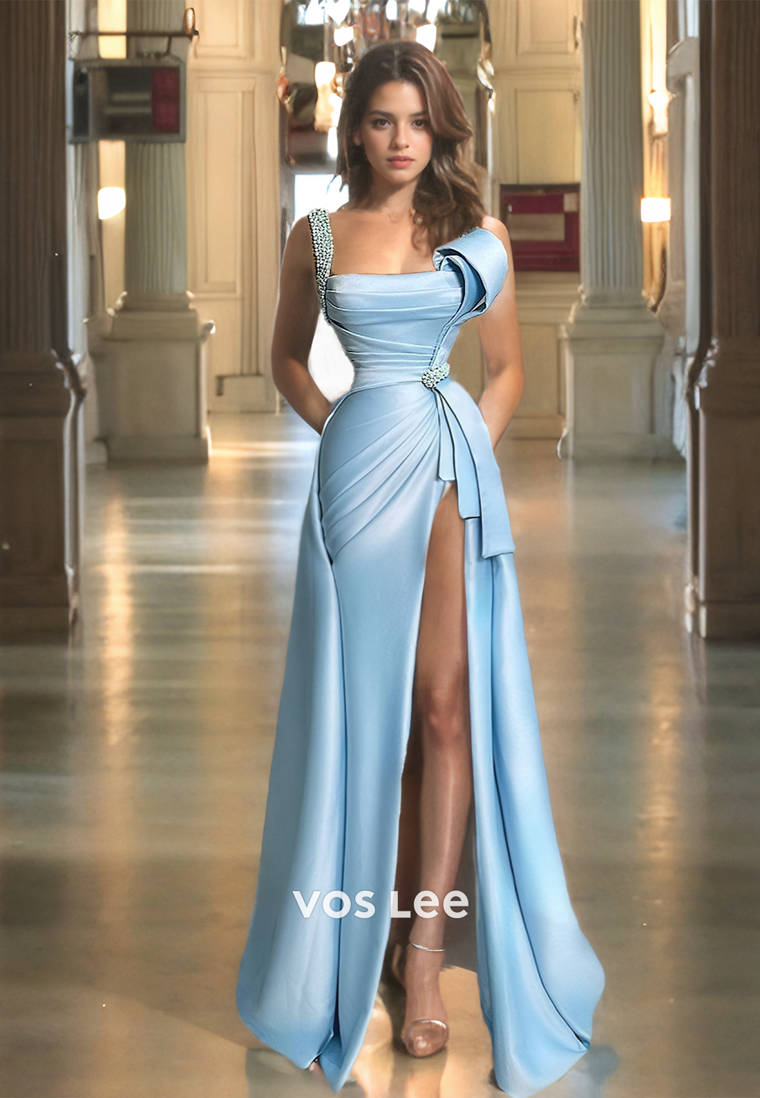 New Arrival Satin Sky Blue Prom Dress Spaghetti Straps Pleated Beads Evening Party Dress with High Slit