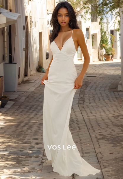 Simple V-Neck Beach Wedding Dress Backless Spaghetti Straps Floor Length Engagement dress