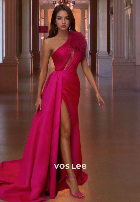 Luxurious Fuchsia Feathers One Shoulder Prom Dress Satin Elegant High Split Party Dress