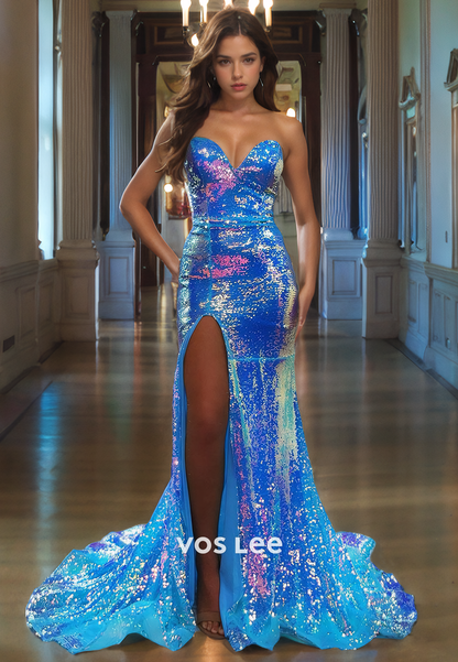 Gorgeous Blue Sequins Mermaid Prom Dresses Zipper Back Sweetheart Formal Quinceanera Dress