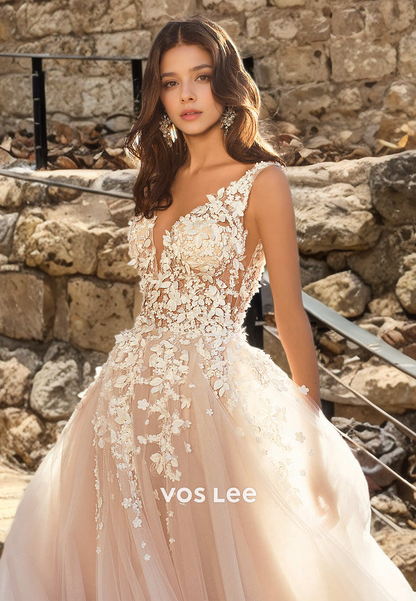 Graceful Plunging Deep V Neck Illusion Lace Appliques Backless Tulle wedding Dress