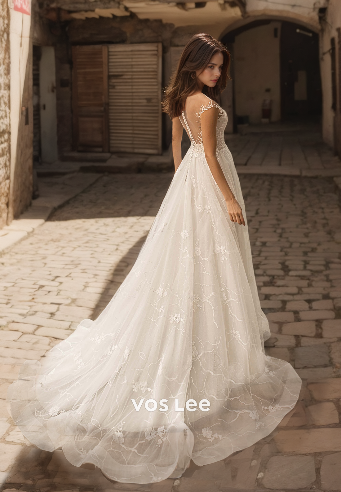 Dreamy Lace Button Back A-Line Bridal Dress Sleeveless Floor Length Boho Wedding Dress with Sweep Train