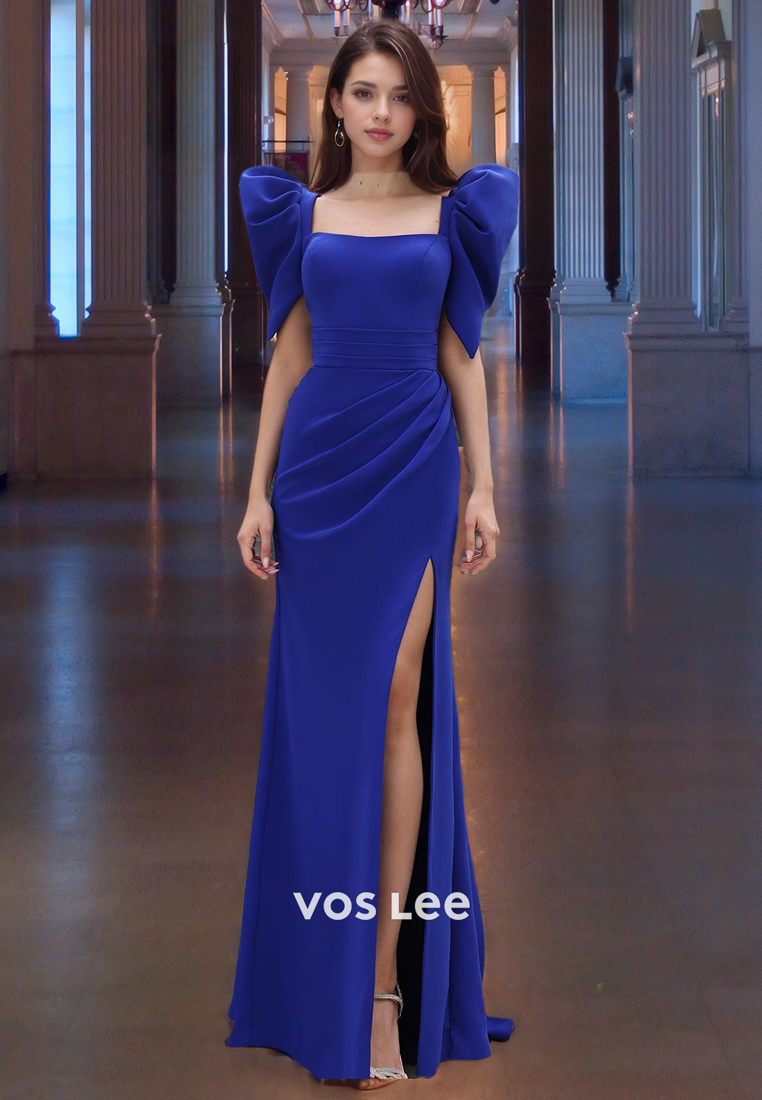 Column Square Royal Blue Graceful Prom Dress Puffy Sleeves Floor Length Cocktail Dresses