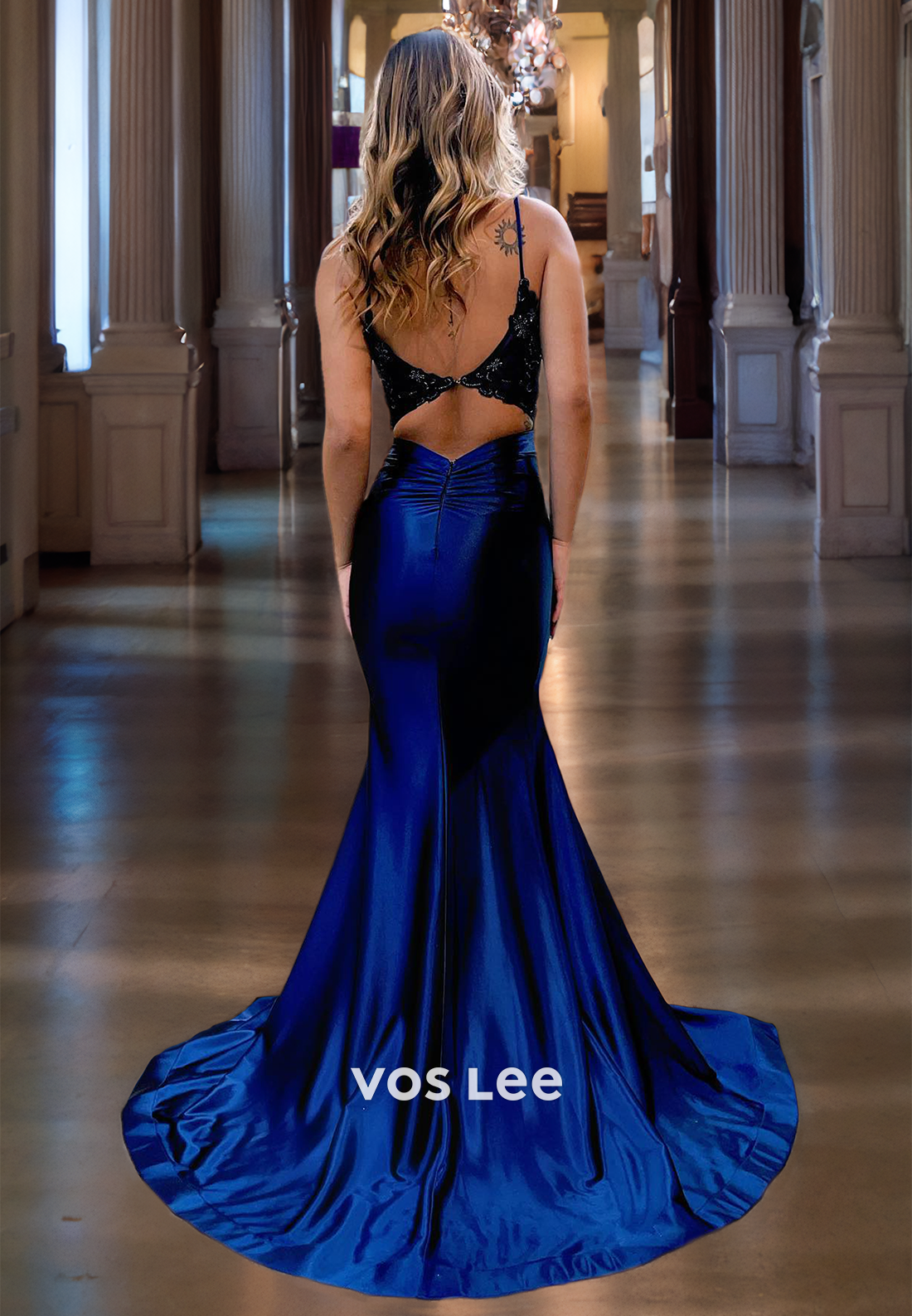 Luxury V-Neck Mermaid Formal Prom Dresses Backless Satin Evening Dress with Spaghetti Straps