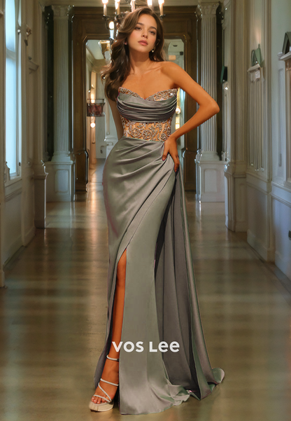 Satin Mermaid Strapless Long Prom Dress Sweetheart Zipper Back Night Party Gown