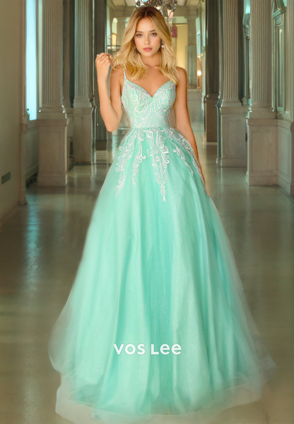 Elegant Lace Tulle Floor Length Prom Gown Corset Back V-Neck Mint Green A-Line Quinceanera Dress