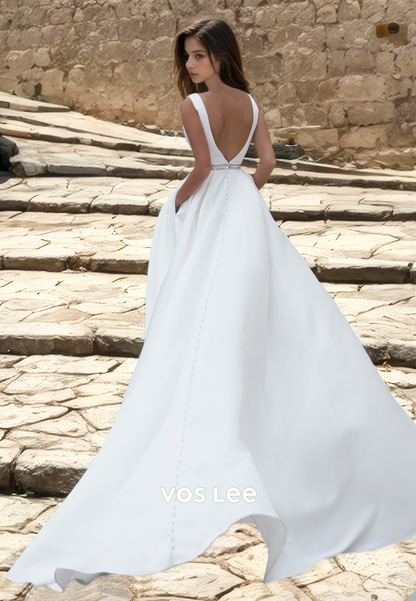 Simple A-Line Deep V Neck Backless Ruched Sleeveless Satin Wedding Dress