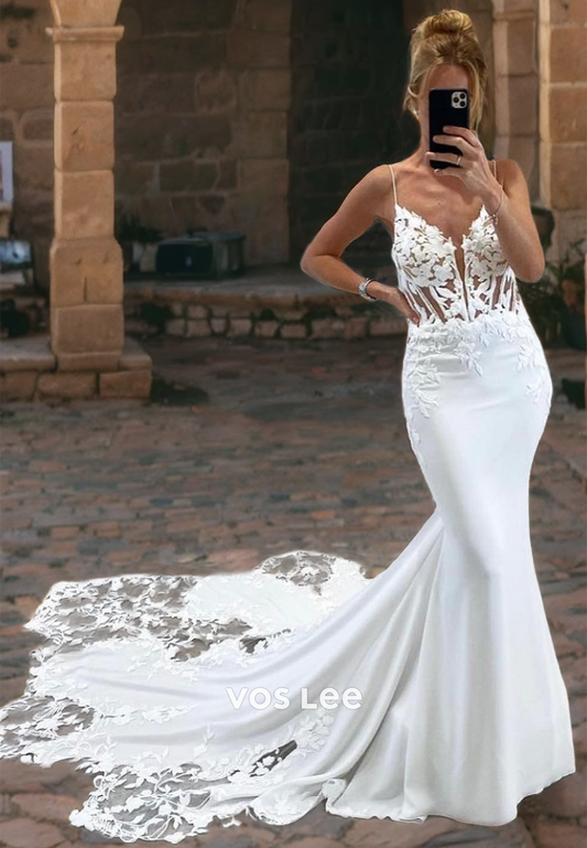 Spaghetti Straps V-Neck Mermaid Wedding Dress Long Train Lace Button Back Luxury Bride Dress