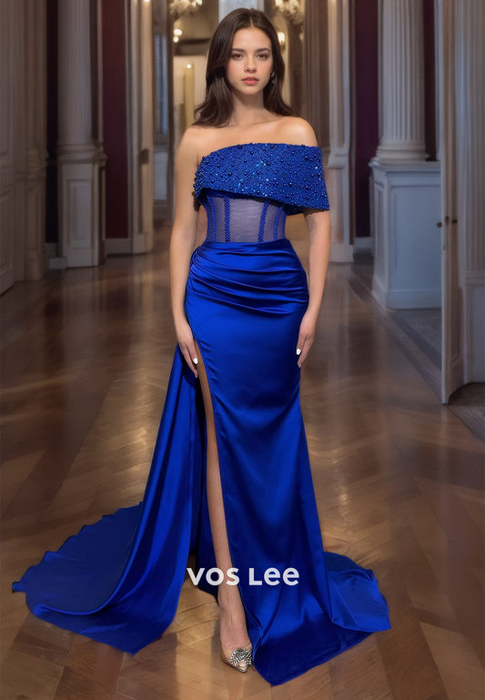 Royal Blue Gorgeous Off-Shoulder Quinceanera Dress Beads Mermaid Women Prom Gown