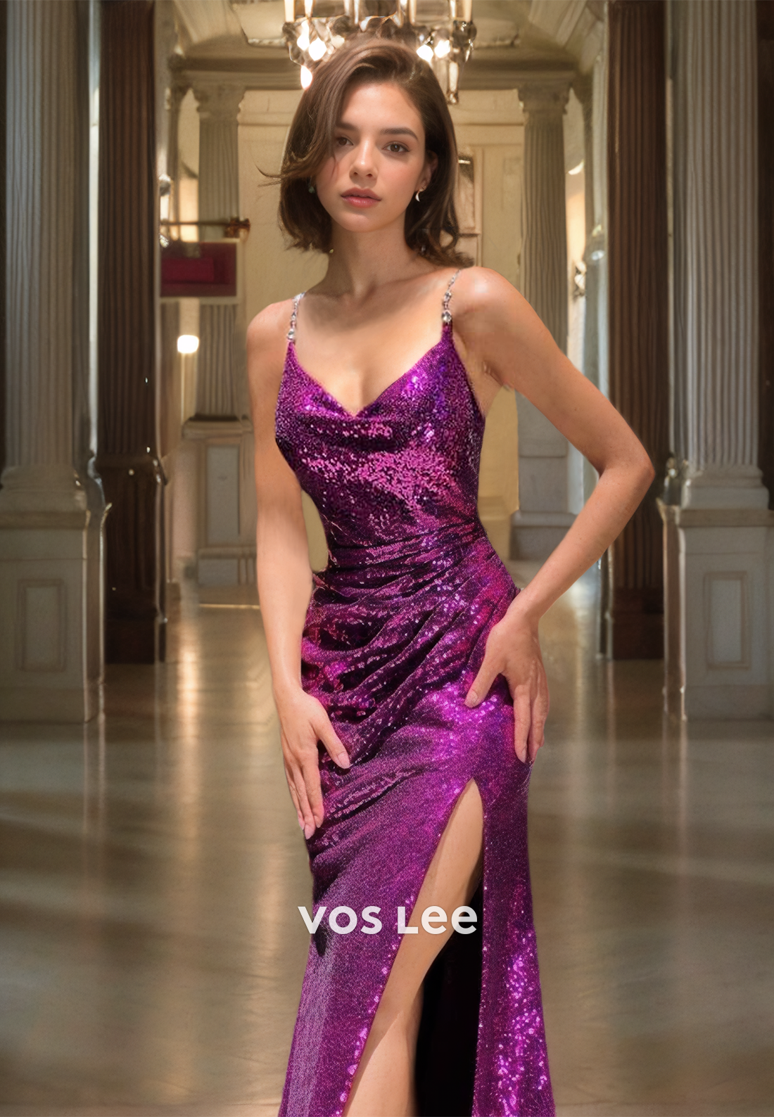 Charming Column V Neck Spaghetti Straps Sleeveless Purple Satin Sparkly Prom Evening Dress with Split