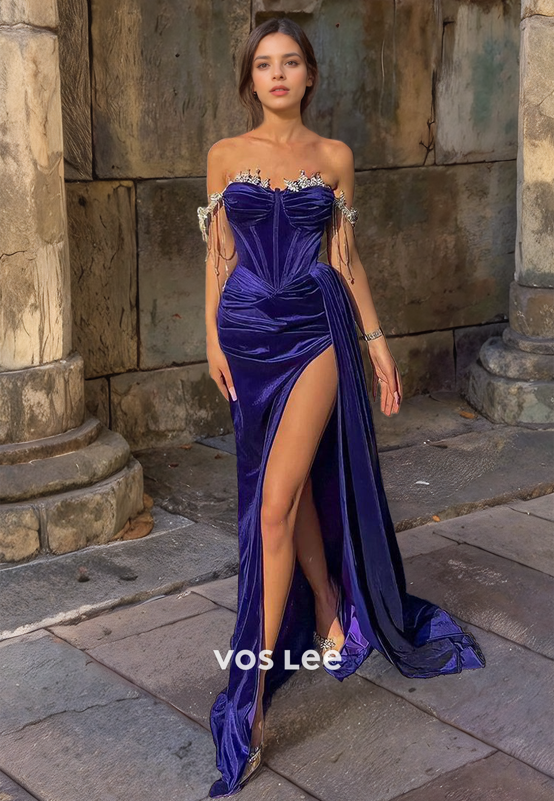 Regency Velour Off-Shoulder Formal Prom Dress Sweetheart Cocktail Dresses with High Slit