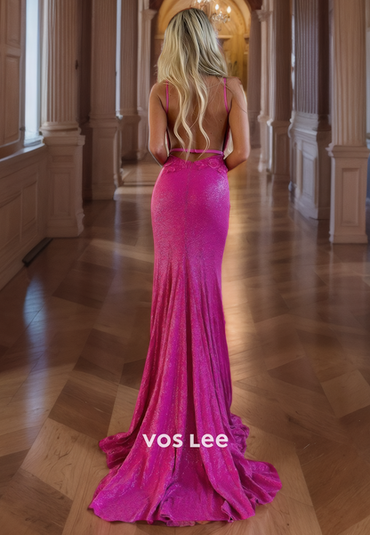 Sparkly Fuchsia Sequined Appliqued Prom Dresses Spaghetti Straps V-Neck Evening Party Dresses