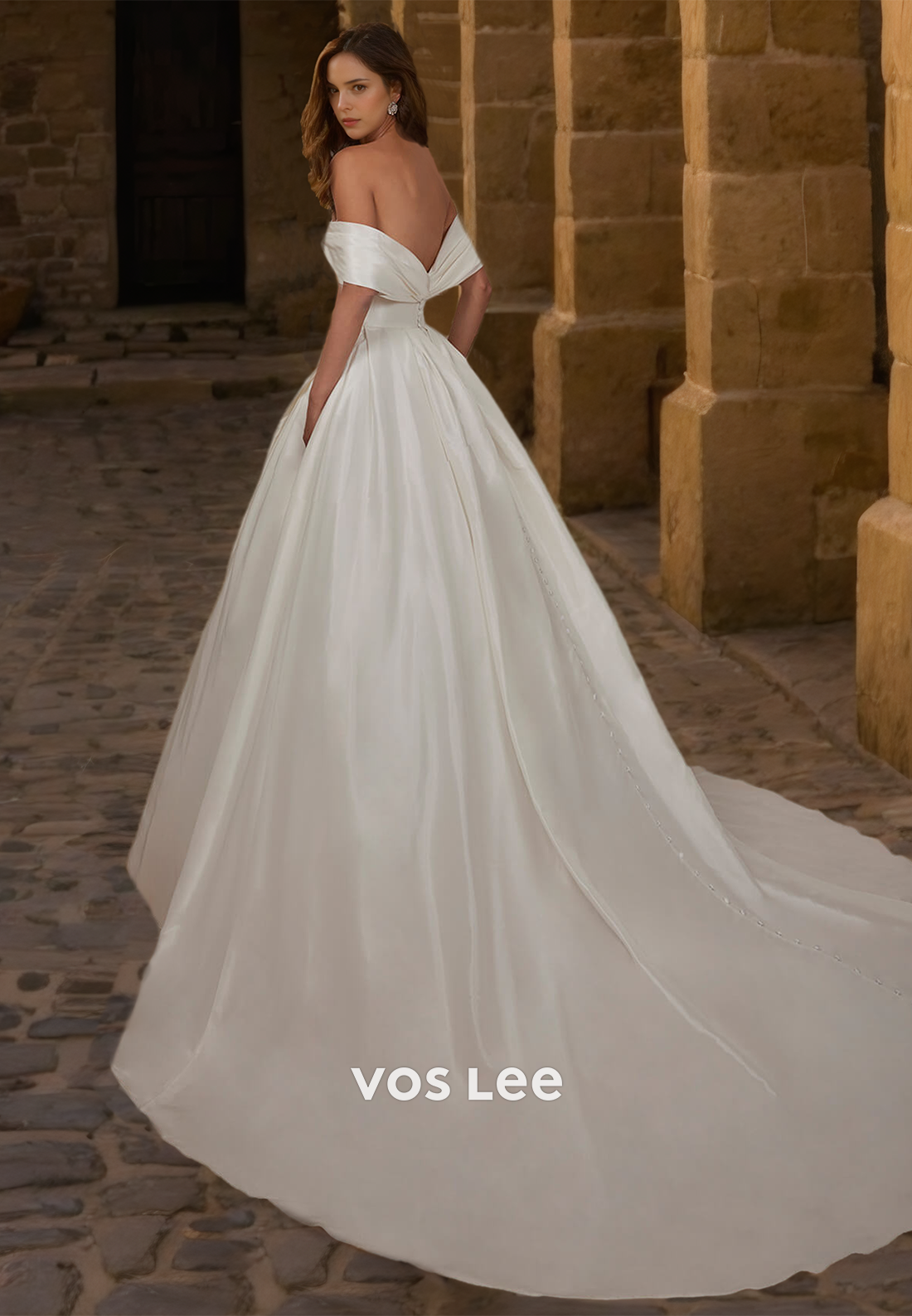 Elegant Off-Shoulder A-Line Draped Court Train Wedding Down