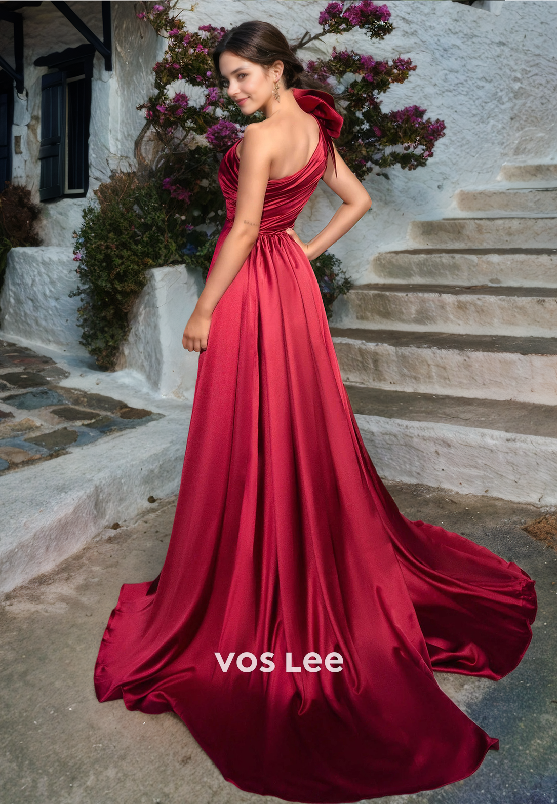 Classy One Shoulder Sheath Sleeveless Draped Sweep Train Red Satin Prom Evening Dress