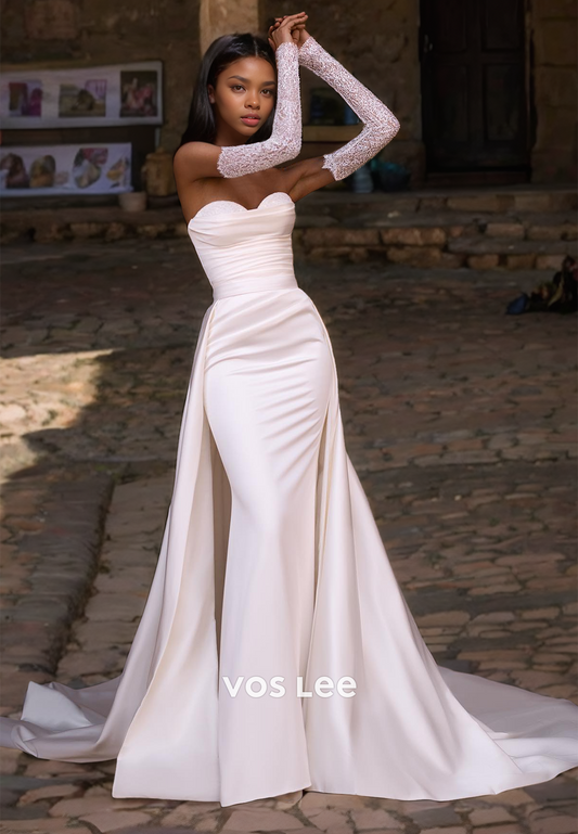 Sexy Mermaid Long Sleeves Sequins Sweetheart Ruched Court Train Wedding Dress