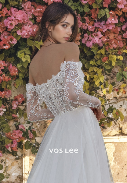 Romantic Off Shoulder Iluusion Seqiun&Lace Top A-Line Long Sleeves Wedding Dress