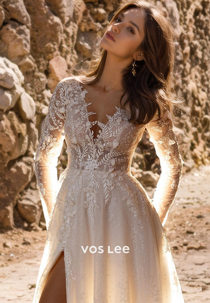 V-Neck Appliqued Formal Wedding Dress with High Slit Button Back Long Sleeves Bridal Gown