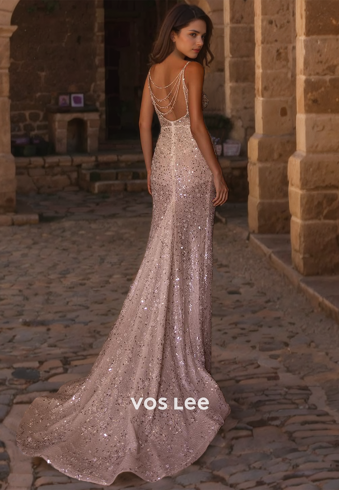 Sparkly V-Neck Sequined Wedding Dress Spaghetti Straps Sexy Long Train Bridal Formal dress with Slit