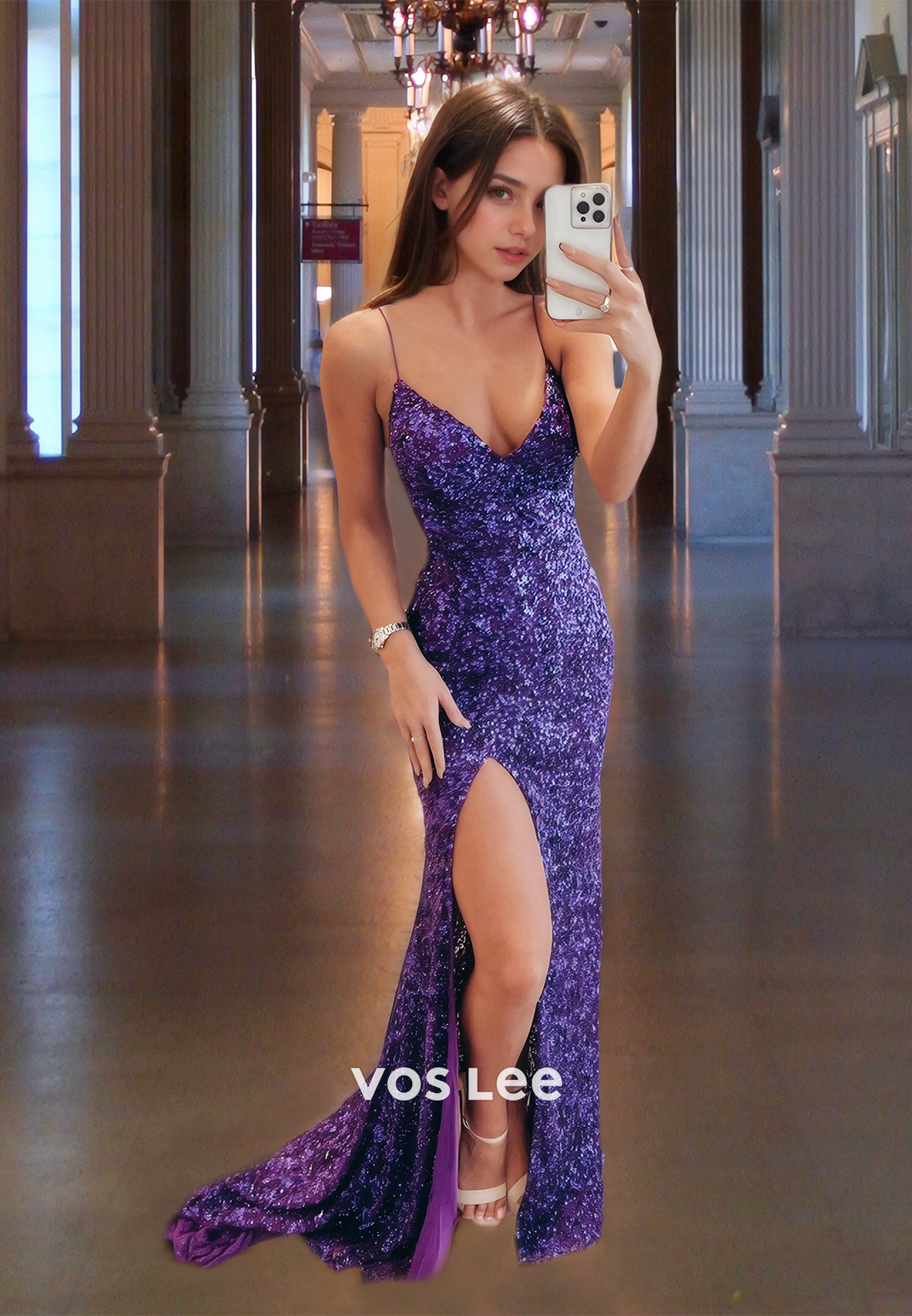 Elegant Purple Spaghetti Straps Quinceanera Dress Sequined Floor Length Prom Dress with Slit