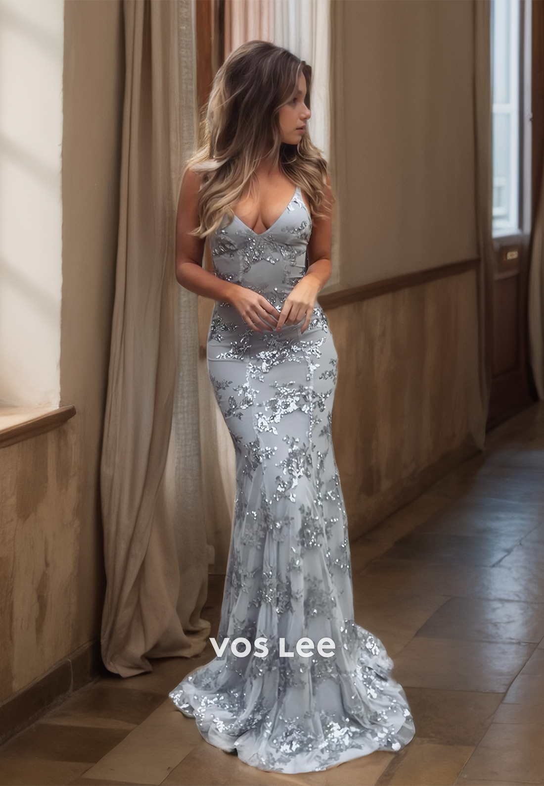 New Arrival Sexy Silver Lace Prom Dresses Mermaid Floor Length Lace Up Straps Evening Gown