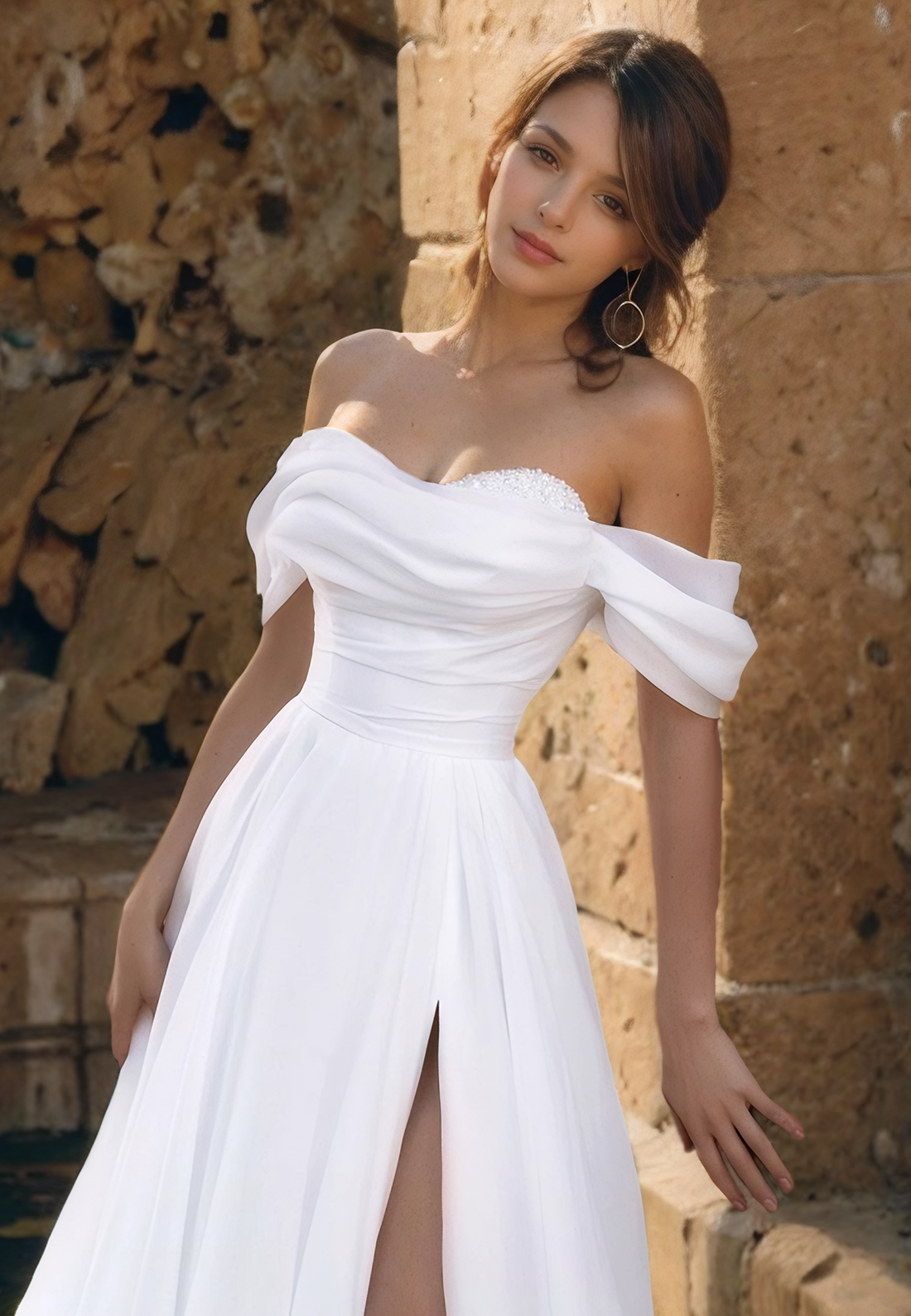 Beaded Sweetheart Off Shoulder Cathedral Train A-Line Organza Wedding Dress