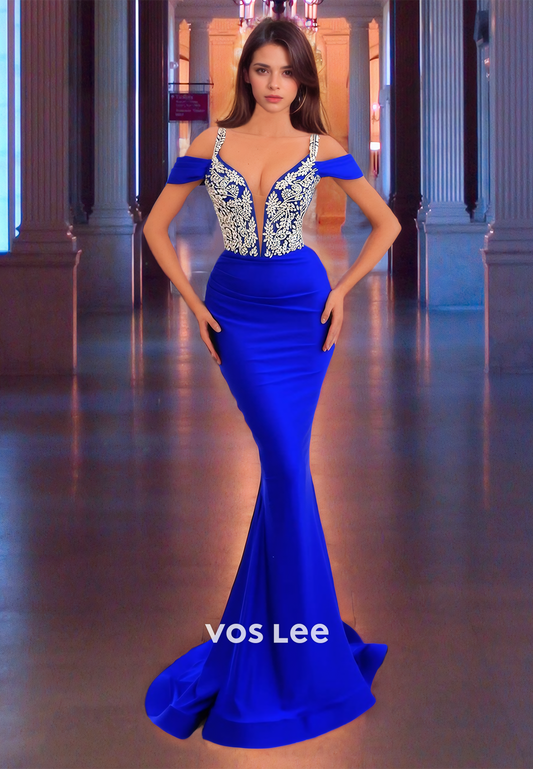 Gorgeous Royal Blue Mermaid Prom Dress Floor Lengh Appliqued V Neck Party Gown