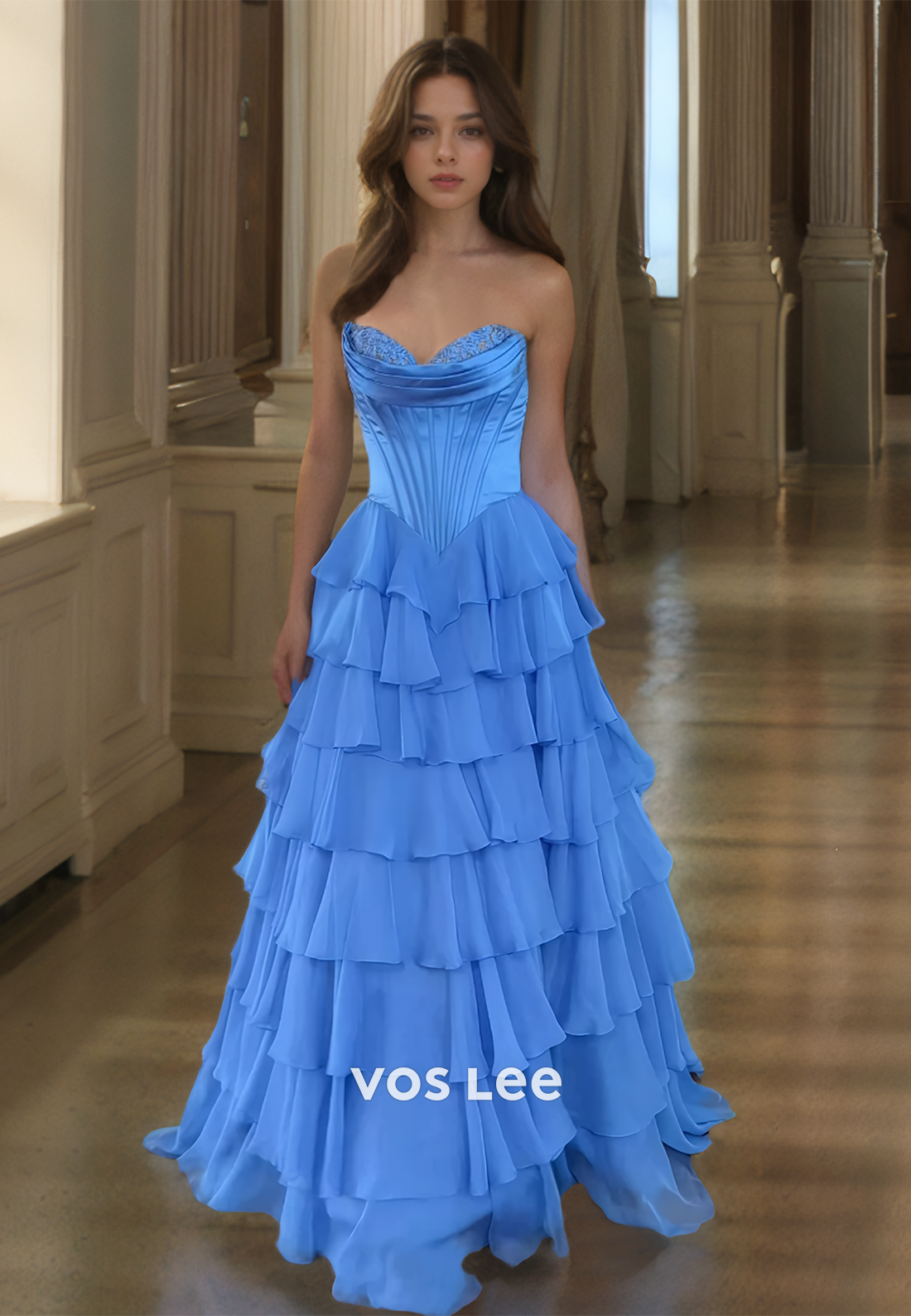 Elegant A-Line Sweetheart Sleeveless Back Zipper Sweep Train Blue Satin Prom Evening Dress