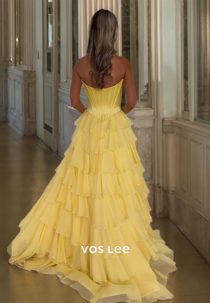 Modest A-Line V Neck Light Yellow High Split Sweep Train Back Zipper Prom Formal Dress