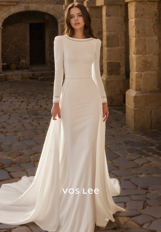 Simple Scoop Full Sleeves Wedding Dress with Long Train Backless Floor Length Bride Gown