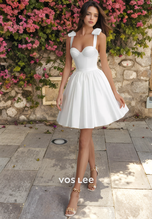 A-Line Sweetheart Mini Ruched Simple Wedding Dress Zipper Back Satin Straps Bride Dress