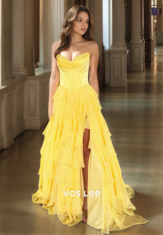 Modest A-Line V Neck Light Yellow High Split Sweep Train Back Zipper Prom Formal Dress