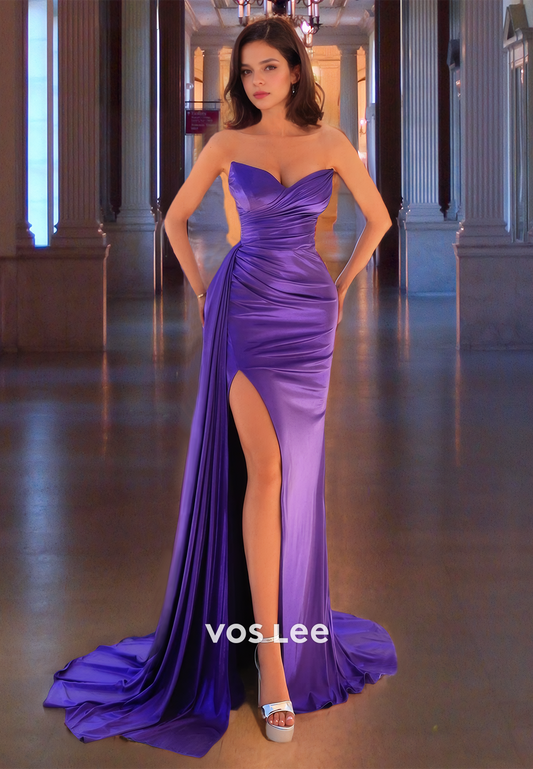 Simple Purple Pleated Sweetheart Prom Dress Strapless Floor Length Satin Pagent Dresses