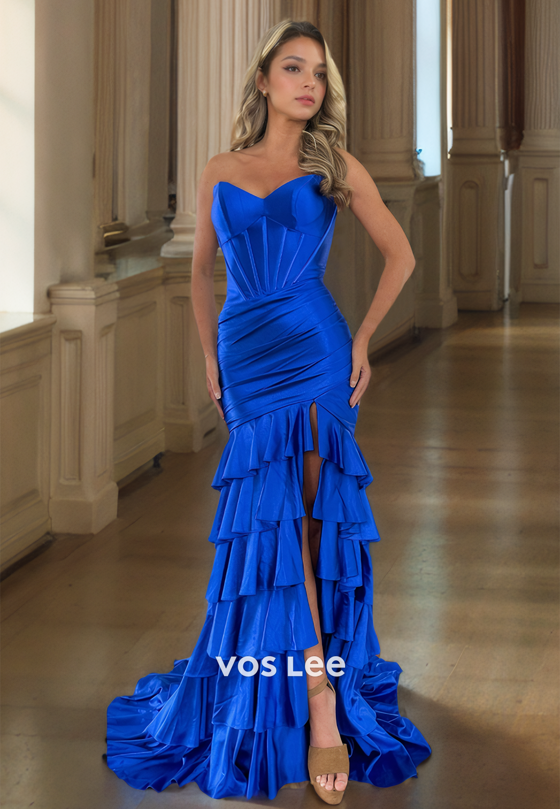 Charming Royal Blue V Neck Sleeveless Sheath Side Split Sweep Train Satin Prom Formal Dress