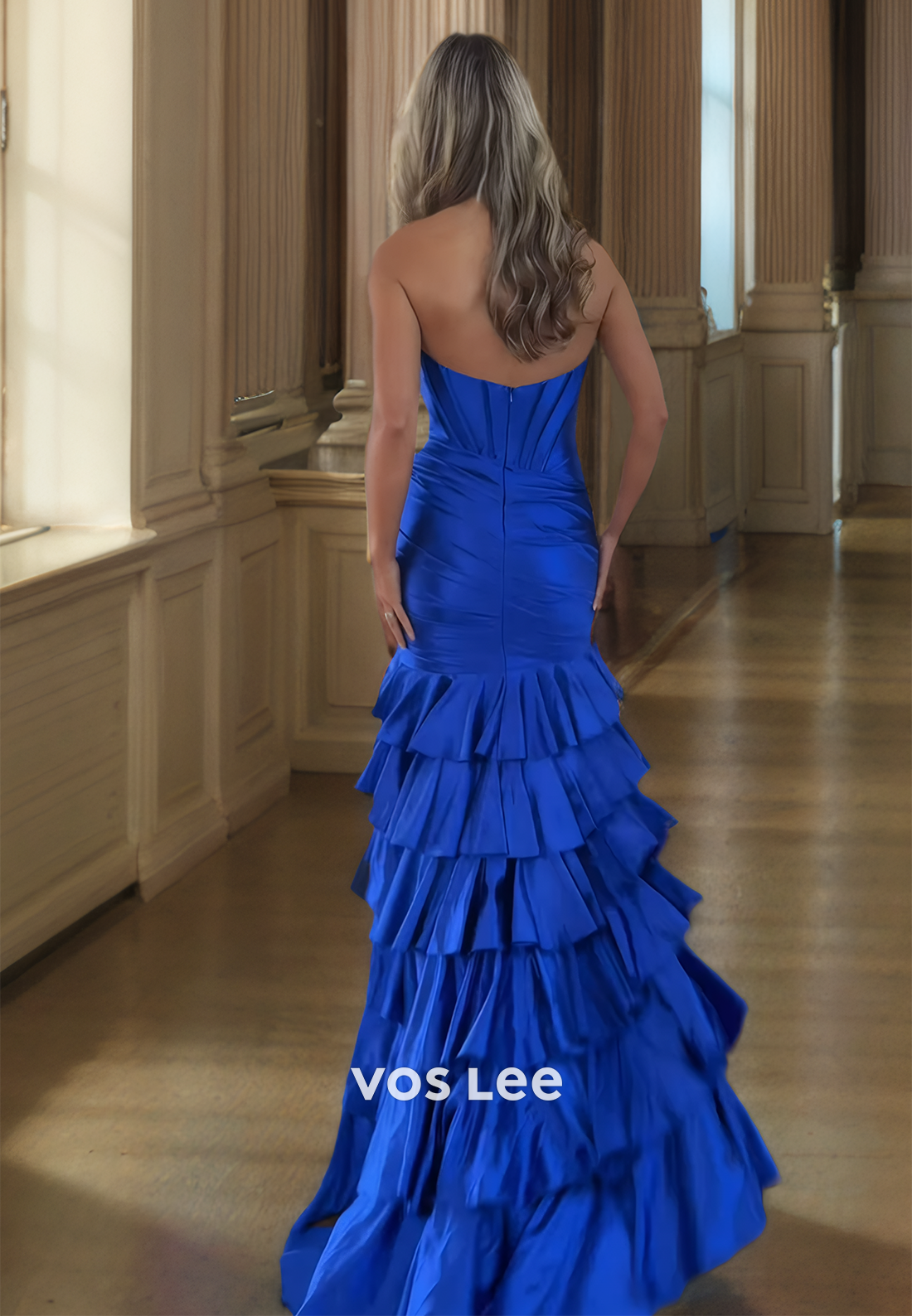 Charming Royal Blue V Neck Sleeveless Sheath Side Split Sweep Train Satin Prom Formal Dress