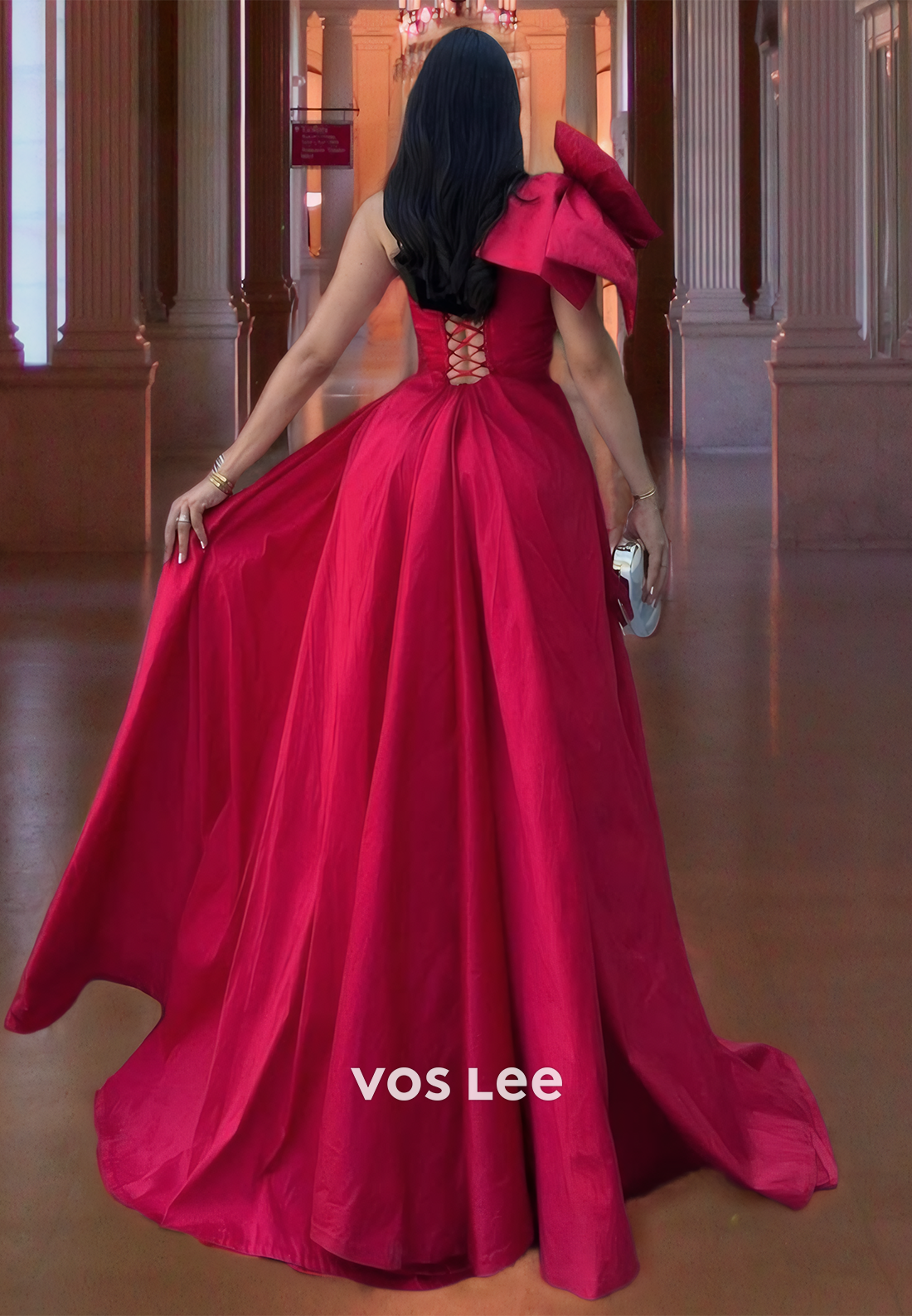 Graceful Red Satin One Shoulder Prom Dress Lace Up Floor Length Formal Occasion Party Dresses