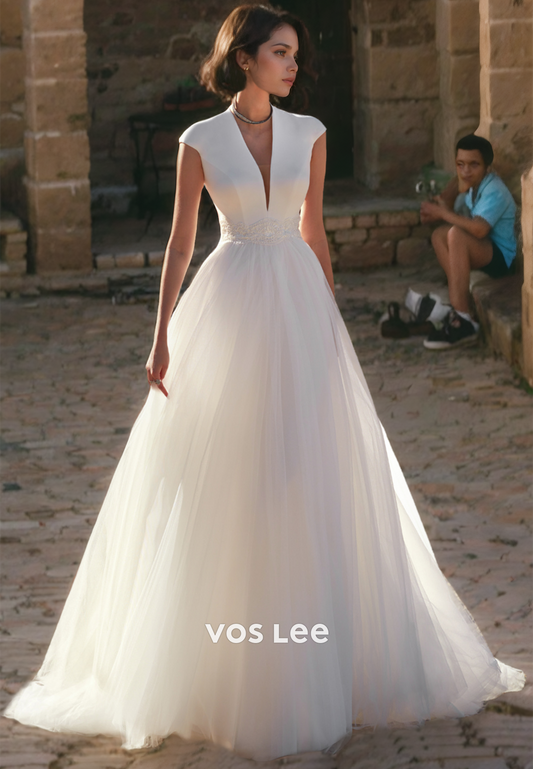 A-Line Deep V-Neck Tulle Wedding Dress Dreamy Backless Bridal Gown with Short Sleeves