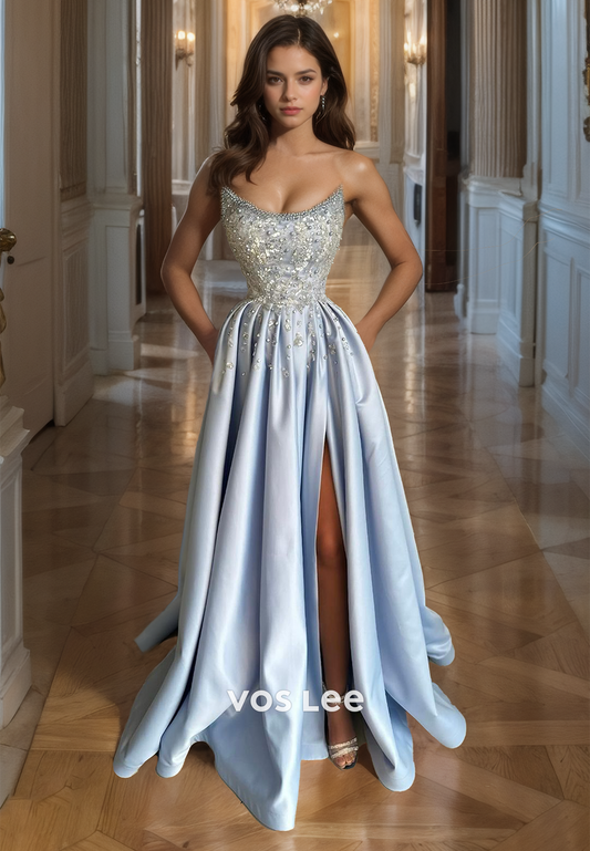 Graceful A-Line Light Blue Quinceanera Dress Ruched Satin Beads Scoop Prom Gown