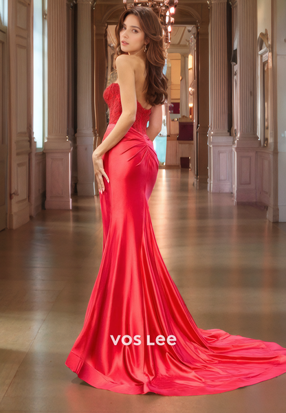 Elegant Sweetheart Red Zipper Back Prom Dress with Slit Strapless Satin Chic Pageant Dresses