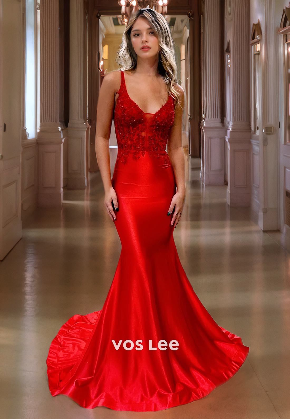 Luxury V-Neck Mermaid Formal Prom Dresses Backless Satin Evening Dress with Spaghetti Straps