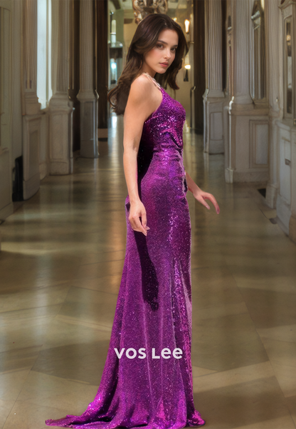 Charming Column V Neck Spaghetti Straps Sleeveless Purple Satin Sparkly Prom Evening Dress with Split