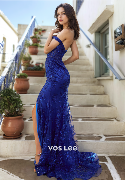 Royal Blue Off Shoulder Sheath High Split Sweep Train Sequins Sparkly Prom Birthday Dress