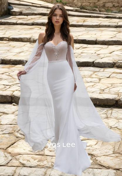 Sexy Column V Neck Illusion Beaded Long Sleeves Sweep Train Draped Wedding Dress