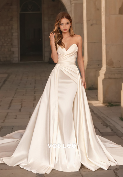 A-Line V Neck Satin Elegant Wedding Dress Strapless Pleated Zipper Back Formal Bridal Gown