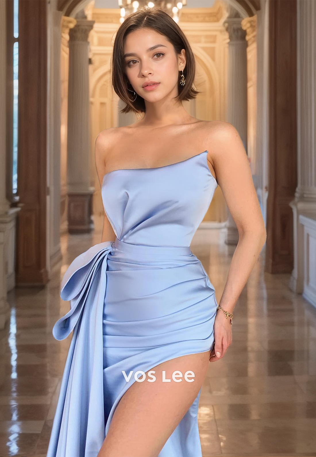 New Arrival Elegant Strapless Light Blue Prom Dress Pleated Floor Length Party Dresses with High Slit