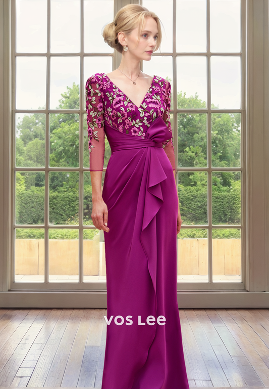 Sheath/Column Appliqued Ruffled Mother of the Bride Dress Floor Length V Neck Cocktail Dress with Long Sleeves