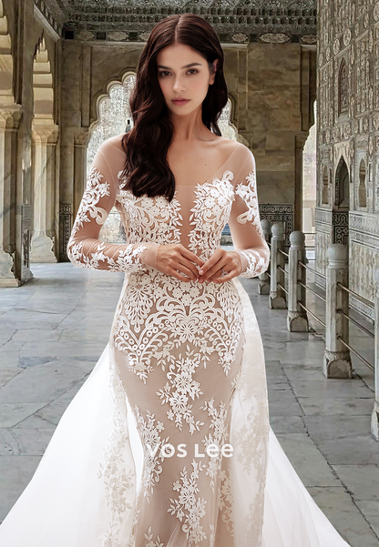 Vintage Mermaid/Trumpet Square Neck Long Sleeves Ruched Lace Wedding D VOS LEE Vintage Mermaid/Trumpet Square Neck Long Sleeves Ruched Lace Wedding D VOS LEE