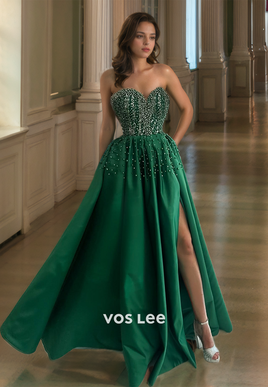 Sexy A-Line Sweetheart Back Zipper Dark Green Beaded Pleated Side Split Satin Prom Formal Dress