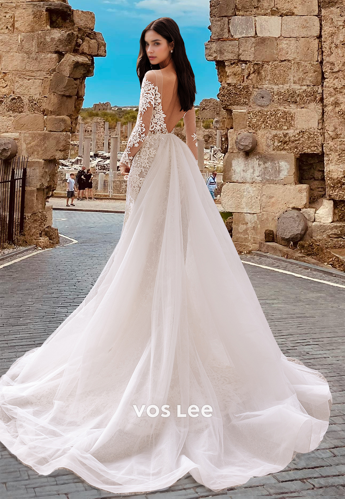 Vintage Mermaid/Trumpet Square Neck Long Sleeves Ruched Lace Wedding D – VOS LEE