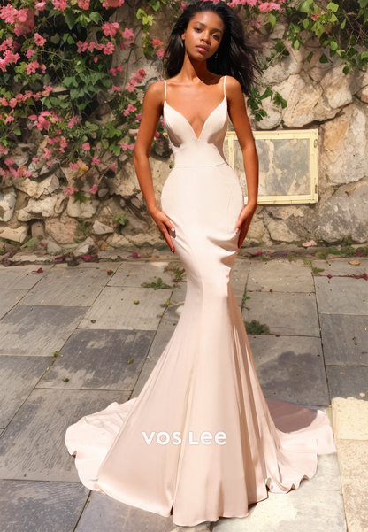 Elegant V Neck Mermaid Wedding Dress Spaghetti Straps Long Train Lace Up Bridesmaid Dress